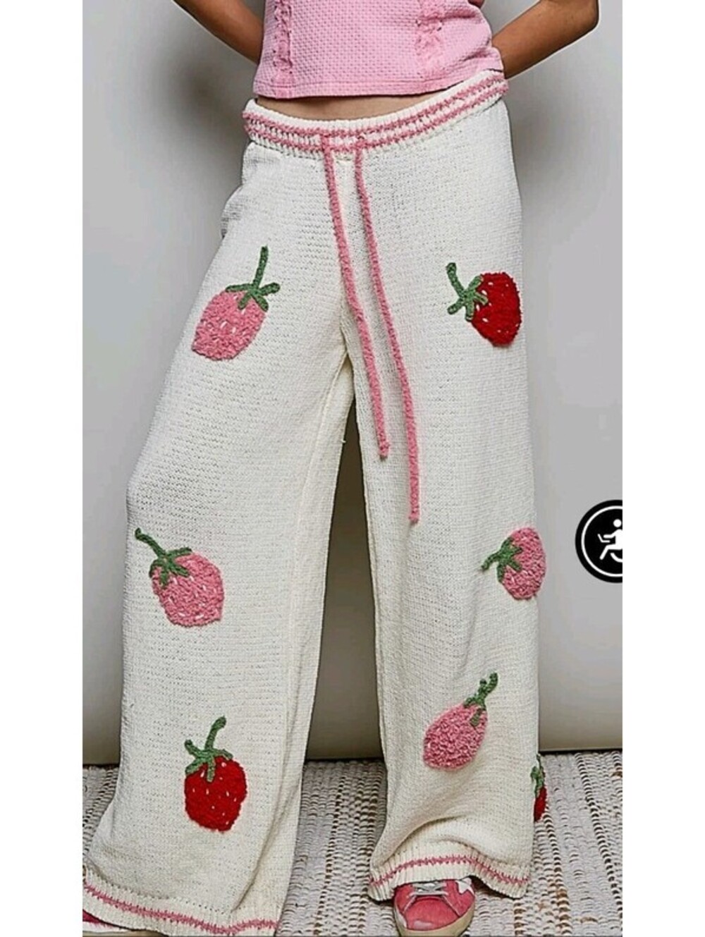 POL Womens L Strawberry Sweater Chunky Knit Pants Trim Chenile Cottagecore